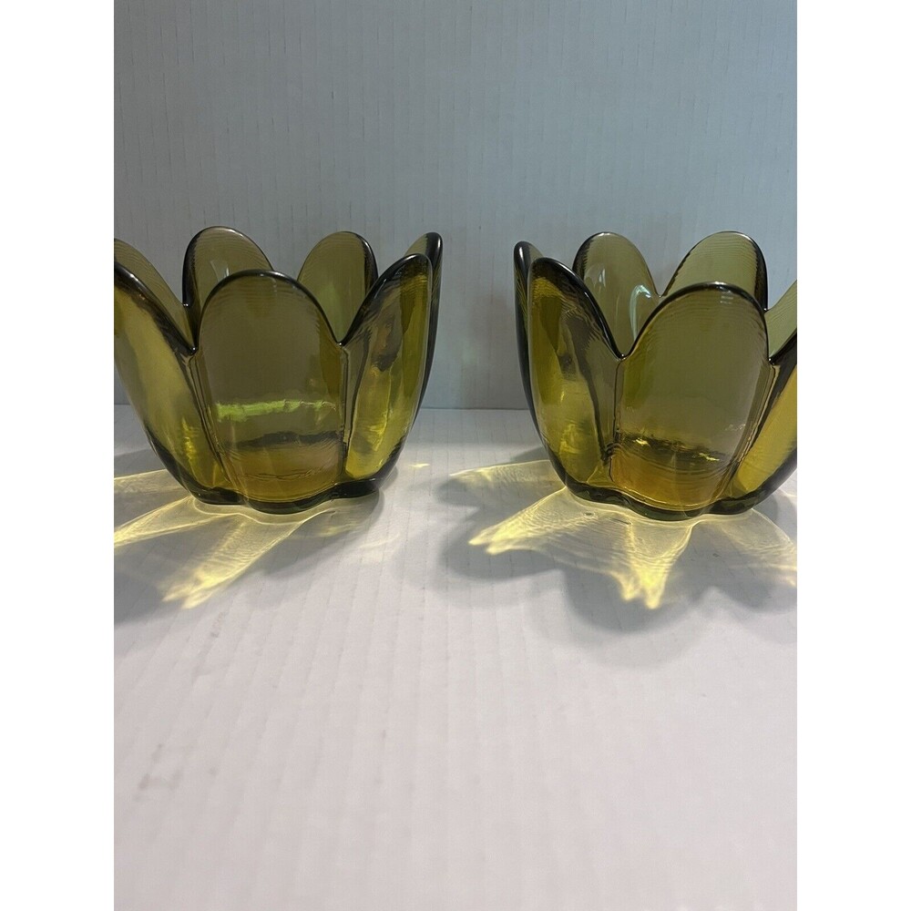 Vintage Recycled Glass Amber Flowers Bowl Candle Holder Set Of 2